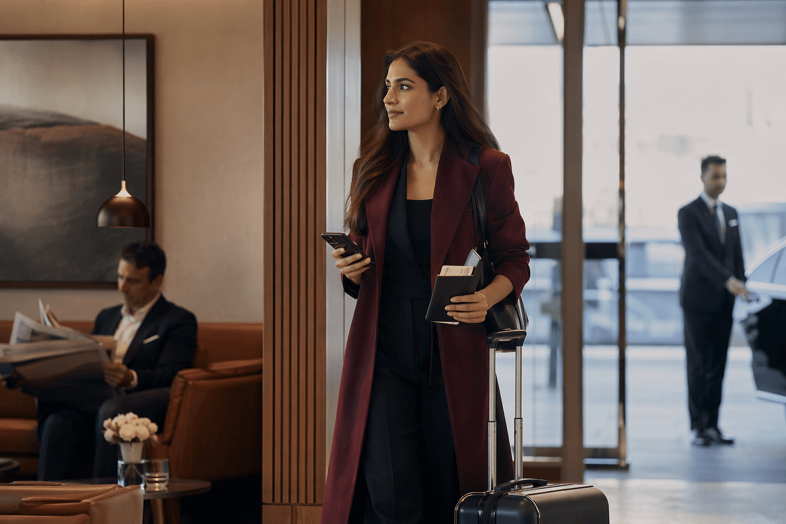 A founder in transit with premium airport lounge and multi-city travel coordination