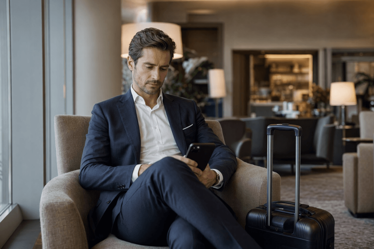 A founder in transit with premium airport lounge and multi-city travel coordination
