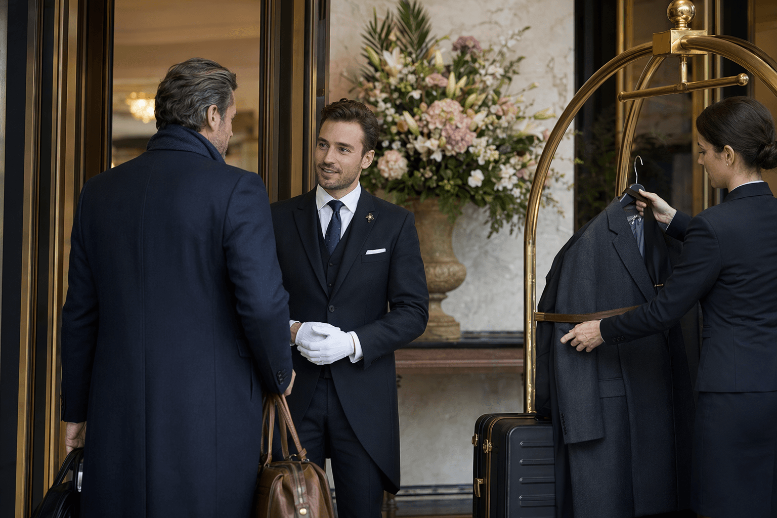 Luxury hotel arrival with concierge-prepared check-in and transfer coordination